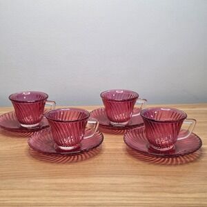 Vintage Federal Glass‎ Diana Cranberry Ruby Flash Swirl Demitasse & Saucer Qty 4